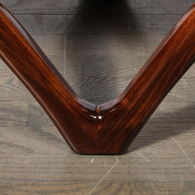 Wood Italian Mid Century Modern Sculptural Graphic Walnut & Taupe Mohair Bench For Sale - Image 7 of 13