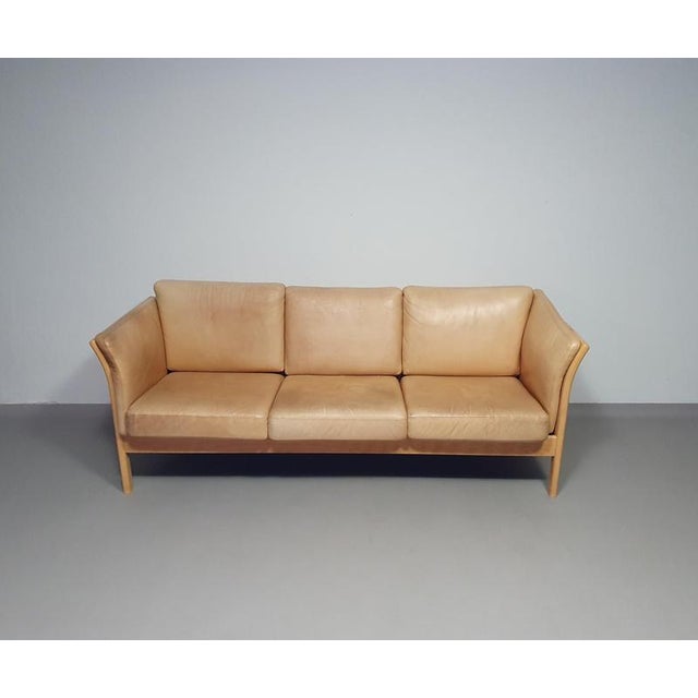 Leather Skalma 3 seat sofa / model Asmara Modern Danish box design 3 seat sofa with cherry wood frame / leather...