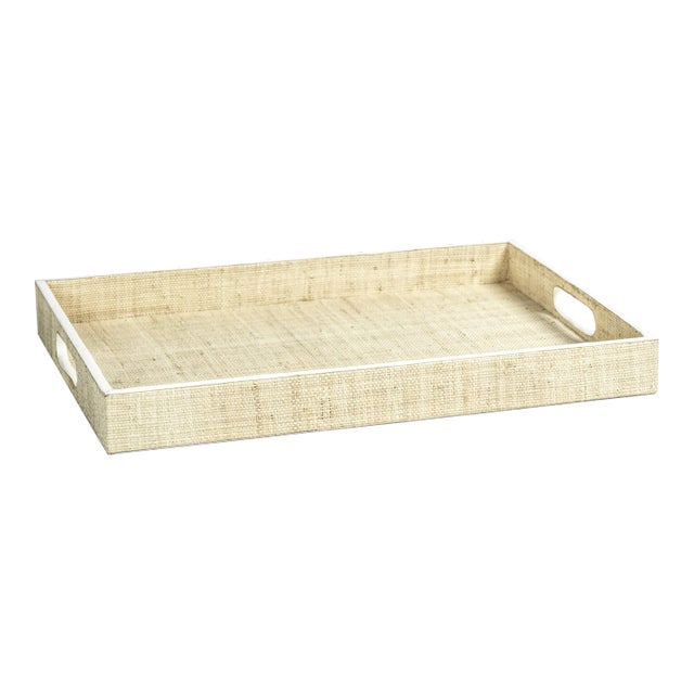 Reggio Natural Fiber Raffia Tray with Leather Trim, Large For Sale