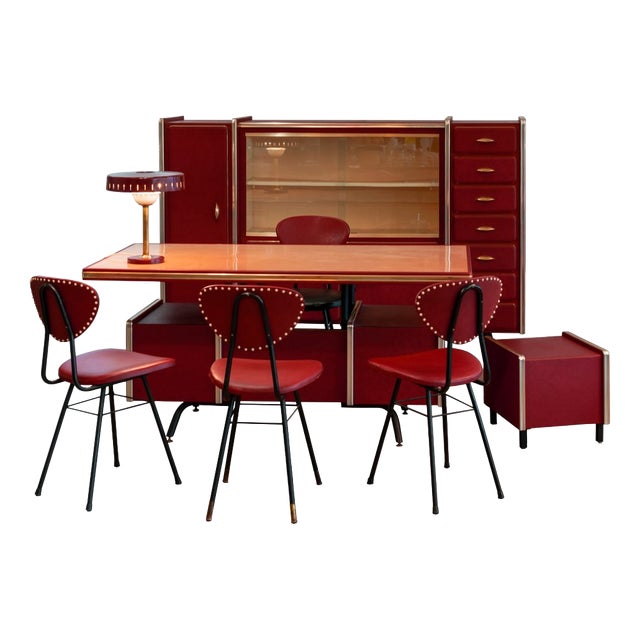 Leather-Coated Office Set with Desk, Bookcase, Chest of Drawers, Desk Chair, and Guest Chairs attributed to Umberto Mascagni, 1950s, Set of 7 For Sale