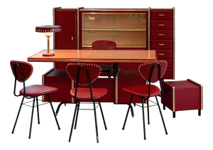 Leather-Coated Office Set with Desk, Bookcase, Chest of Drawers, Desk Chair, and Guest Chairs attributed to Umberto Mascagni, 1950s, Set of 7