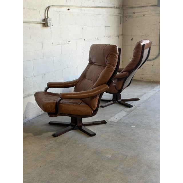 Brown Pair of Brown Leather Swivel Lounge Chairs Danish Mid-Century Modern 1970s For Sale - Image 8 of 13