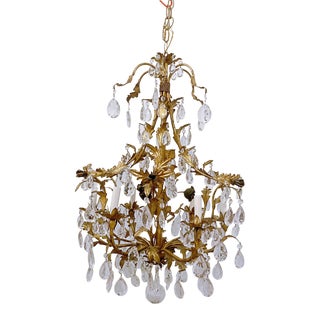 Vintage 1960s Italian Gilt Metal and Crystal Chandelier For Sale