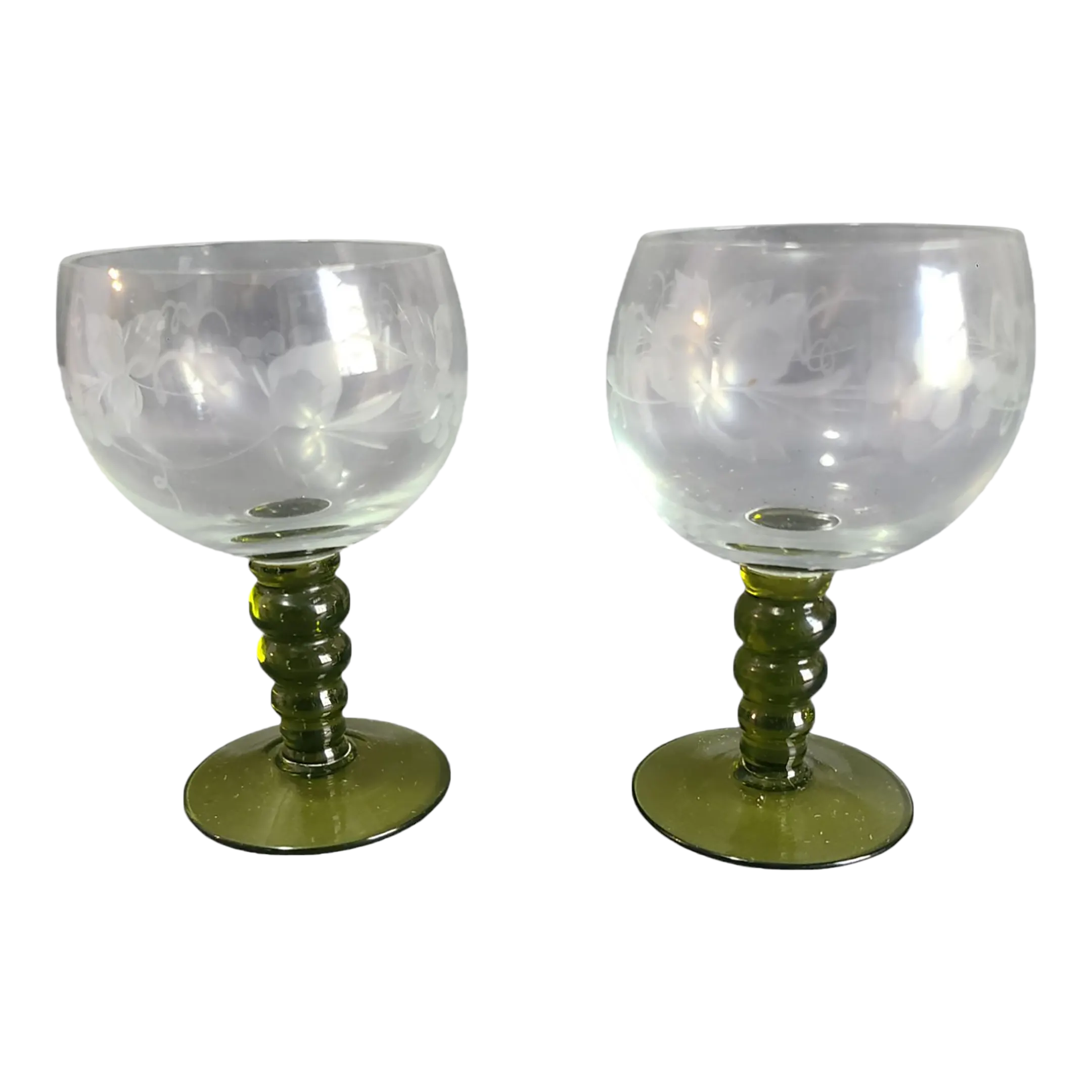 Vintage Roemer Etched Grapes Vine Olive Green Stem Wine Glasses- a Pair |  Chairish