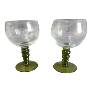 Vintage Roemer Etched Grapes Vine Olive Green Stem Wine Glasses- a Pair