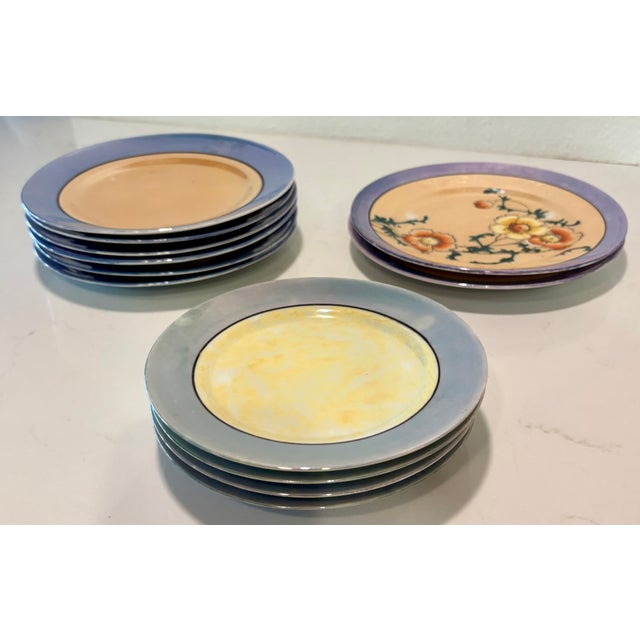 Japanese 1920’s Chinoiserie Peach and Blue Lusterware Plates-Set of 12 For Sale - Image 3 of 9