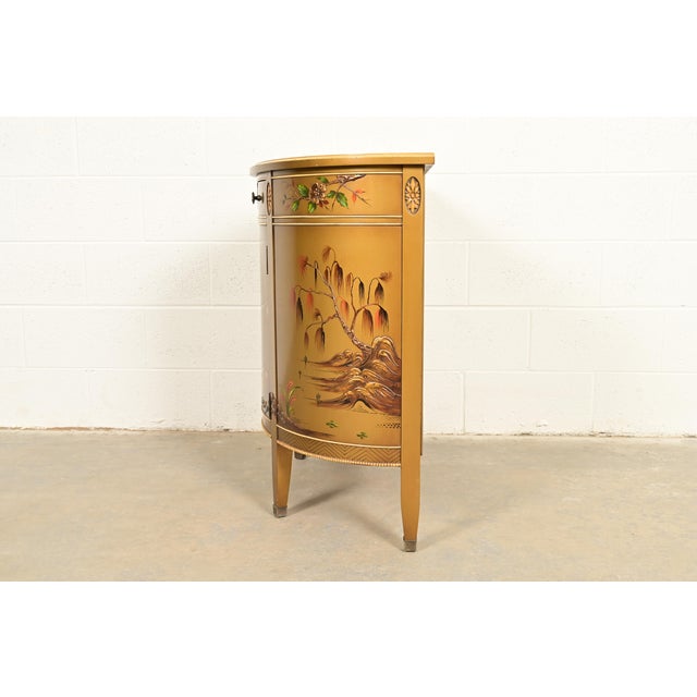 Imperial Furniture Regency Chinoiserie Gold Lacquered Hand Painted Demilune Console or Bar Cabinet, Circa 1940s For Sale - Image 12 of 14