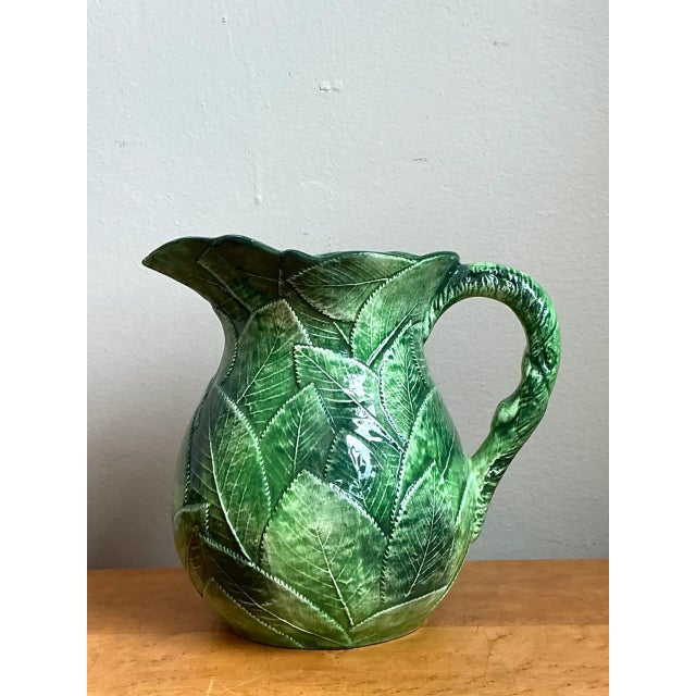 Late 20th Century Vintage Green Leaf Motif Ceramic Pitcher For Sale - Image 5 of 13
