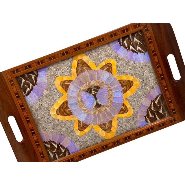 1950s Mid-Century Modern Inlaid Wood and Butterfly Wing Tray, Brazil, 1950s For Sale - Image 5 of 12