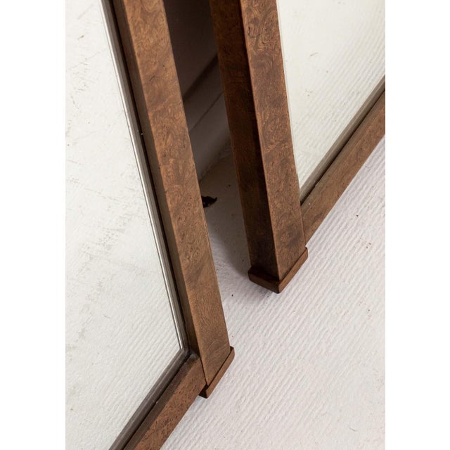 Pair Burled Walnut Mirrors With Brass Finials. Elevate your interior with this stunning pair of burled walnut mirrors,...