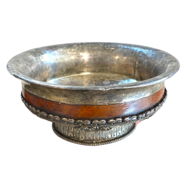 Asian Antique Antique Tibetan Silver & Wood Jha Pho Tsampa Bowl – Buddhist Auspicious Decor For Sale - Image 3 of 15