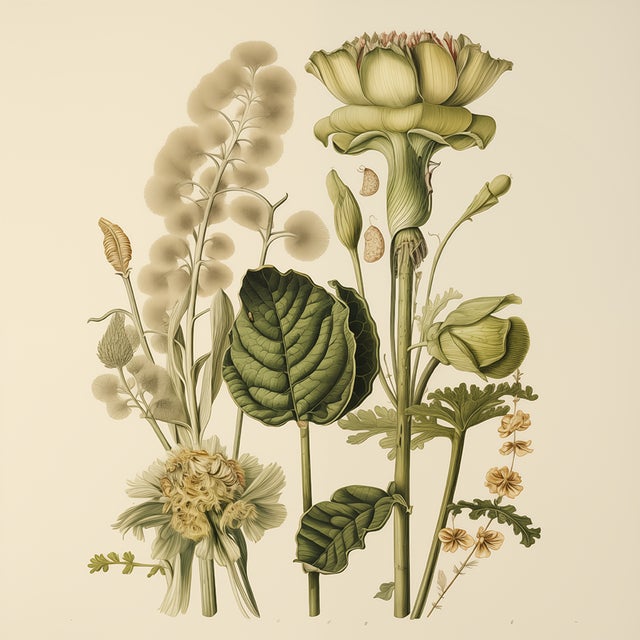 This fine art print reproduces a beautifully detailed 19th-century botanical illustration depicting an elegant arrangement...