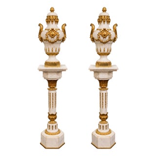 French Empire Style White Marble Pedestal With Porcelain Vase, Bronze Mounts, Gold Leaf and Sculpted Details For Sale
