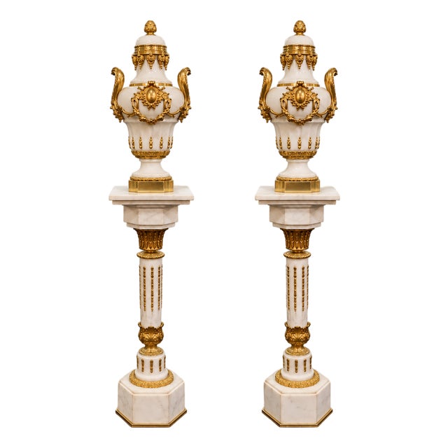 French Empire Style White Marble Pedestal With Porcelain Vase, Bronze Mounts, Gold Leaf and Sculpted Details For Sale