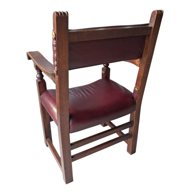 Rare Antique Spanish Revival / Gothic Oak Armchair in Oxblood Leather & Bronze Accents For Sale - Image 12 of 12