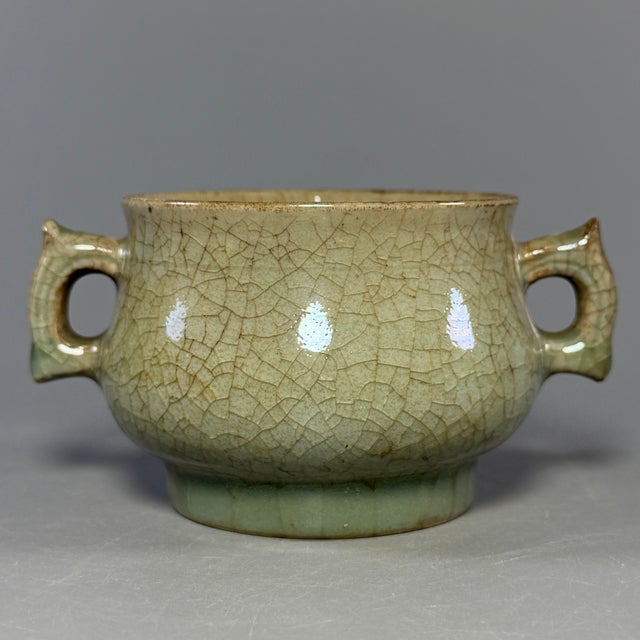 15th Century & Earlier Vintage‑Style Chinese Longquan Celadon Crackled Censer With Double Handles For Sale - Image 5 of 7