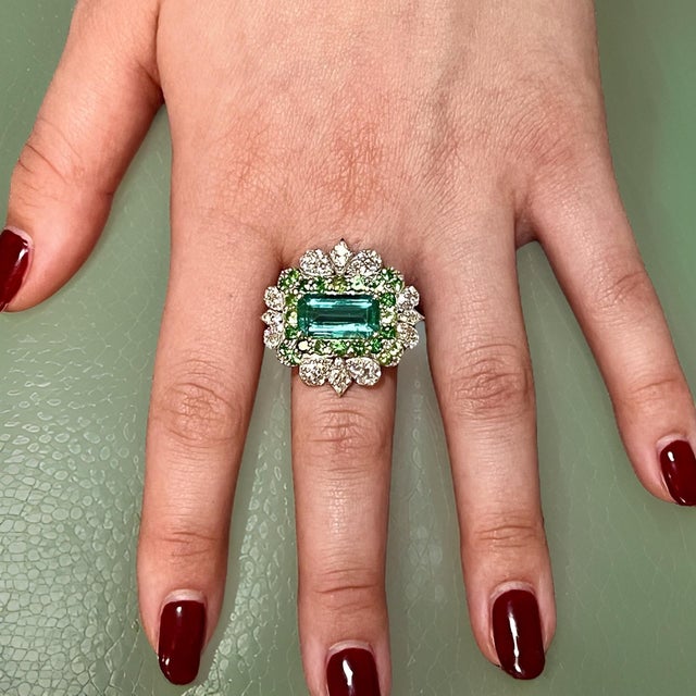Natural Emerald Tsavorite Diamond Ring 6.75 14k White Gold 9.22 TCW Certified For Sale - Image 13 of 17