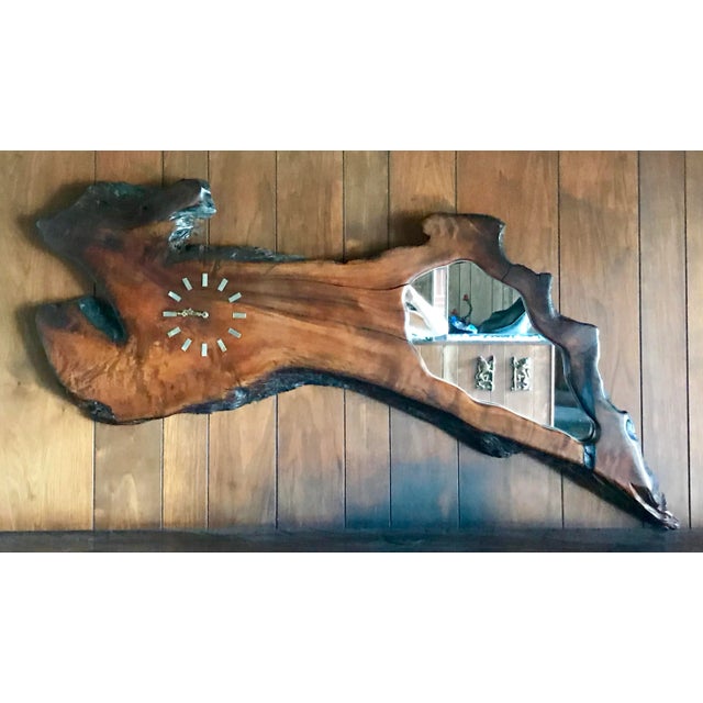 1960s Vintage Live Edge Wood Wall Mirror and Clock For Sale - Image 4 of 4