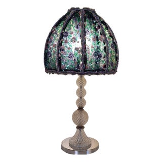 Vintage Table Lamp with Chrome-Plated Metal Base, Relief Glass Inlays, and a Sequined Shade from Lamplove, 1970s For Sale
