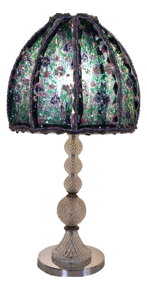 Vintage Table Lamp with Chrome-Plated Metal Base, Relief Glass Inlays, and a Sequined Shade from Lamplove, 1970s