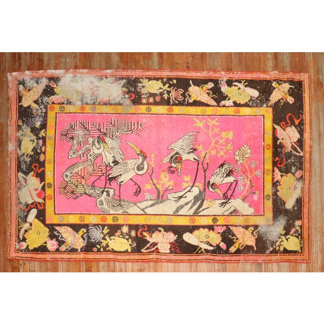 19th Century Zabihi Collection Bright Pink Antique Worn Flamingo Pictorial Khotan Rug - 5'10" x 10' For Sale - Image 5 of 12