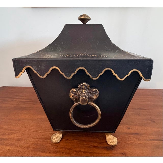 Chinoiserie Chinoiserie Style Gilt Decorated Black Tole Box With Scalloped Lid by Sarreid For Sale - Image 3 of 12