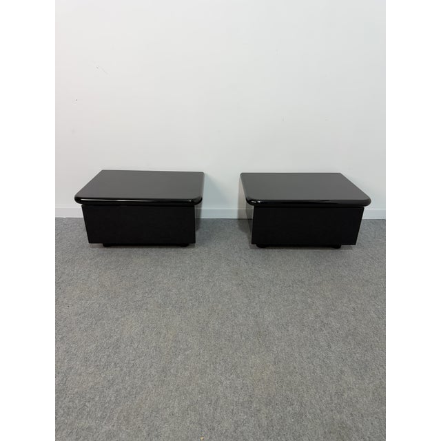 Set of two low Italian wooden bedside tables with a glossy lacquer finish, 1970s Low drawer front. Good condition....