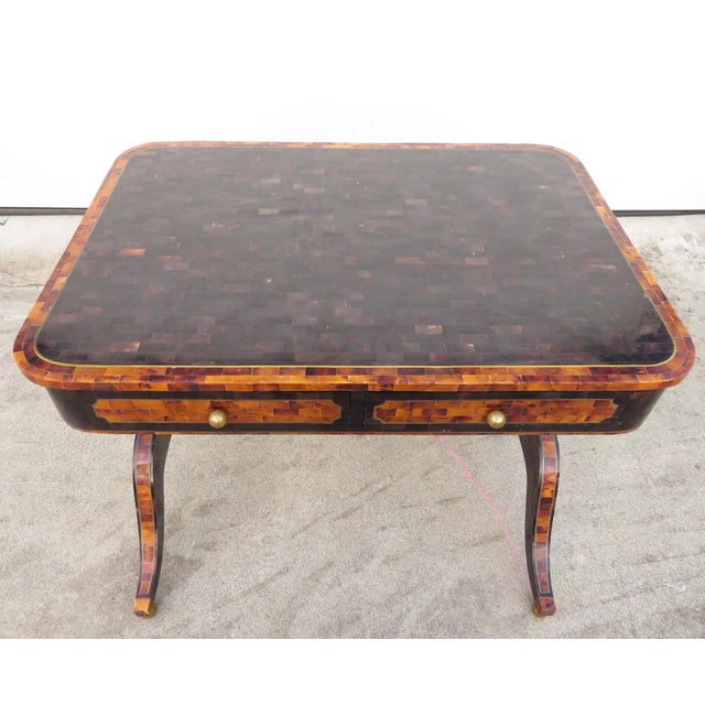 Hollywood Regency Vintage Maitland Smith Faux Tortoise Shell Writing Desk Neoclassical Tessellated For Sale - Image 3 of 18