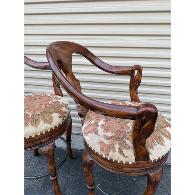 1990s Attributed to Maitland-Smith Carved Wood Swivel Bar Stools With Upholstered Seats - Pair For Sale - Image 9 of 11