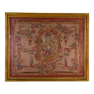 19th Century Antique Classical Figural Garden Scene Petit Point Textile Art For Sale