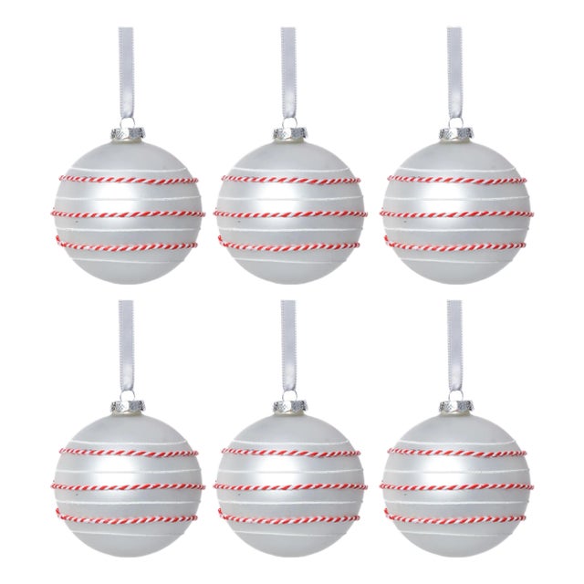 Matte Ball Ornaments with White & Red Rope, Set of 6, White, 4" For Sale