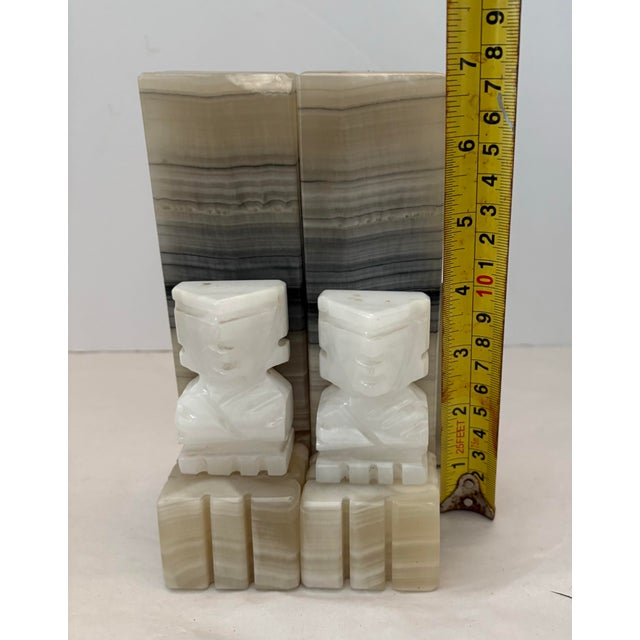 Mid 20th Century Carved Onyx Marble Bookends With Aztec Figural Motif, Sculptural Stone Desk Accessories For Sale In Indianapolis - Image 6 of 9