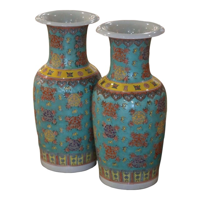 Pair of Mid-Century Chinese Famille Rose Hand Painted Turquoise Porcelain Vases For Sale