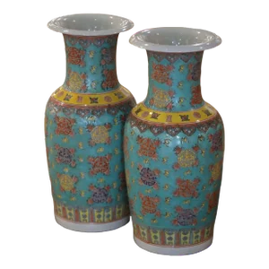 Pair of Mid-Century Chinese Famille Rose Hand Painted Turquoise Porcelain Vases
