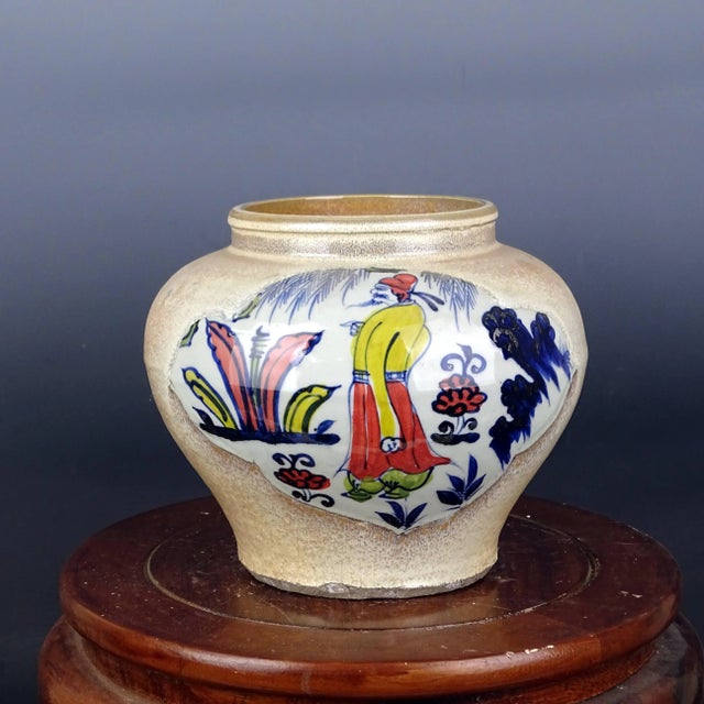 Art Deco Chinese Vintage Ceramic Pot,Blue and White Famille Verte Porcelain Jar Hand Painted Figures Pattern For Sale - Image 3 of 7