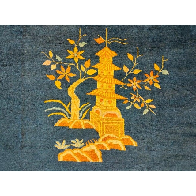 Art Deco Wool Large Blue Floral Medallion Rectangle Hand Knotted Pile Antique 1930s Rug For Sale - Image 3 of 8