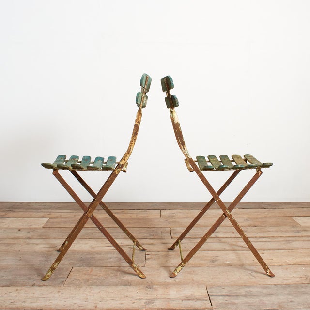 Antique French Folding Slatted Garden Bistro Chairs, 1920s, Set of 2 For Sale - Image 10 of 15