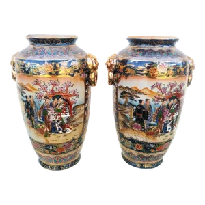 Japanese Vintage Royal Satsuma Chinoiserie Pagoda Foo Dog Decorative Ginger Jar Vase- a Pair