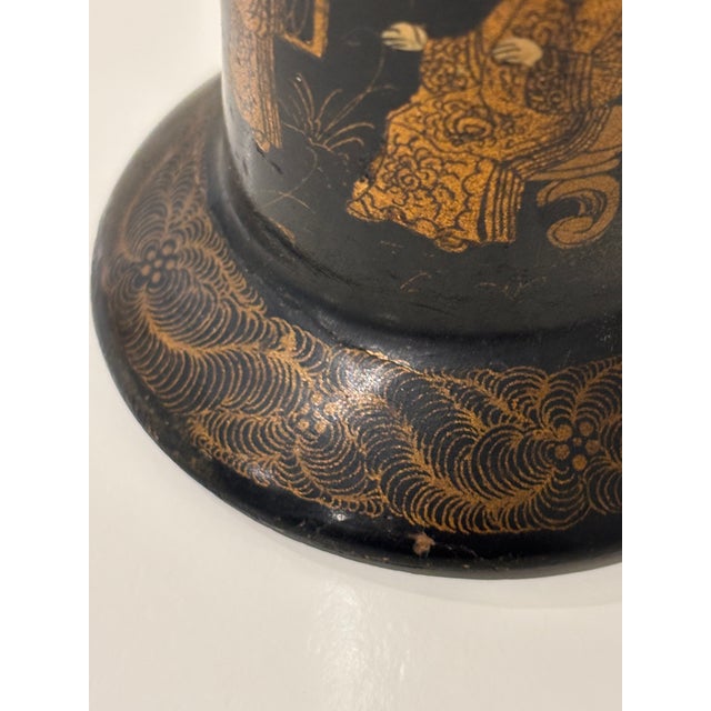 Antique English Papier-Maché Chinoiserie Spill Vase / Brush Holder in Black and Gold For Sale - Image 9 of 18