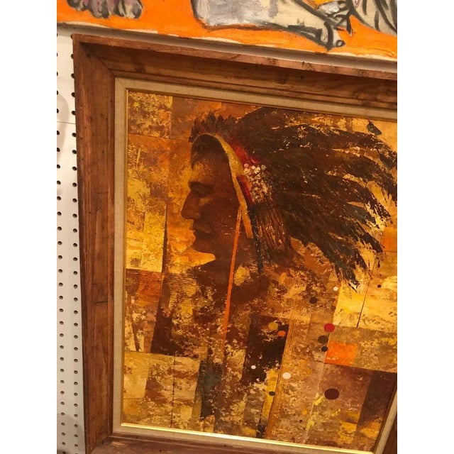 Mid-Century Modern 1970s Mid Century Oil on Board of an Indian Warrior For Sale - Image 3 of 13