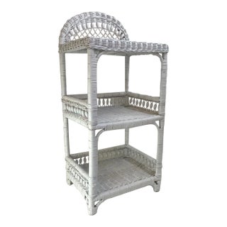 Mid-Century Boho Chic Wicker Bookcase Style Floor Shelf With Wood Bead Accents. For Sale