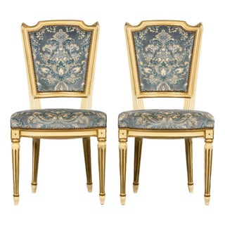 Antique French Louis XVI Style Painted Side Chairs W/ Blue Velvet Damask – A Pair For Sale