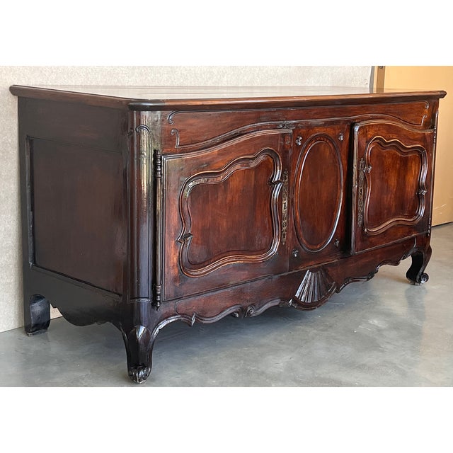 French Provincial Antique Carved Walnut French Provincial Large Buffet or Sideboard Cabinet For Sale - Image 3 of 13