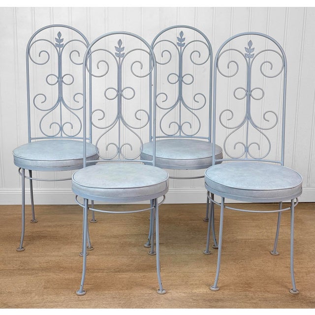 Victorian Vintage French Blue Wrought Iron Tall Back Garden Patio Chairs - Set of 4 For Sale - Image 3 of 13