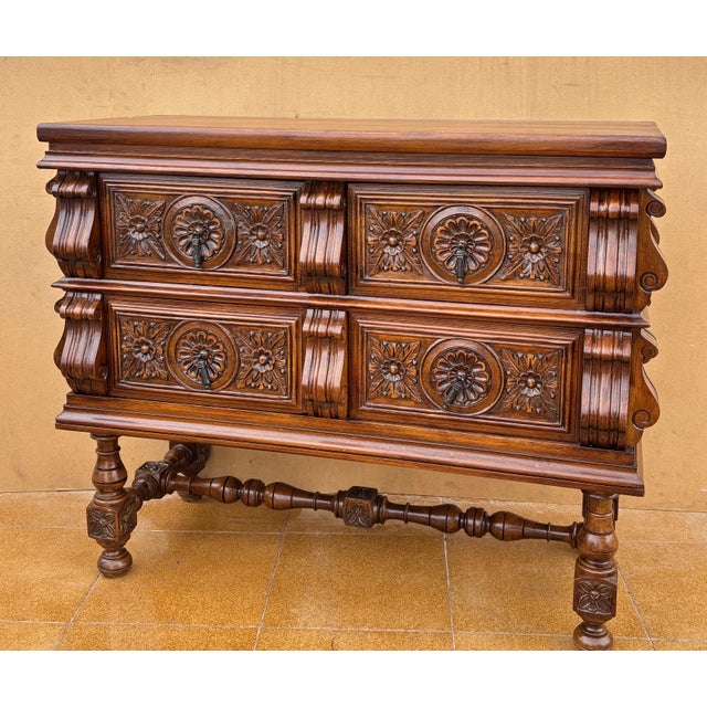 1940s Spanish Baroque Style Carved Walnut Chest of Drawers, 1940s For Sale - Image 5 of 12