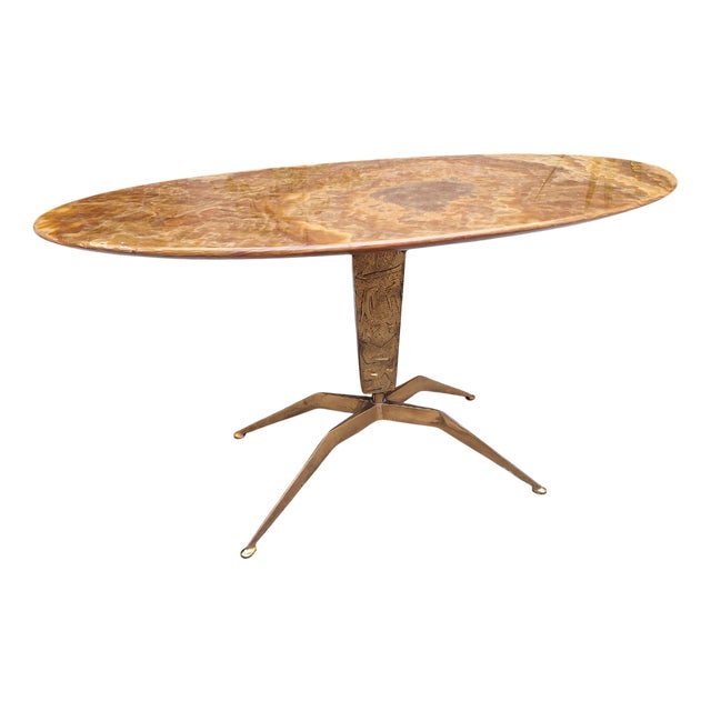 Brass Coffee Table with Oval Brown Marble Top, 1950s For Sale