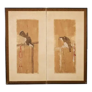 Japanese Edo Two Panel Screen Birds of Prey Hawks