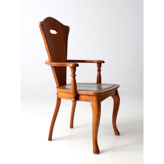 Antique Arts & Crafts Wood Armchair With Metal Seat For Sale - Image 16 of 18