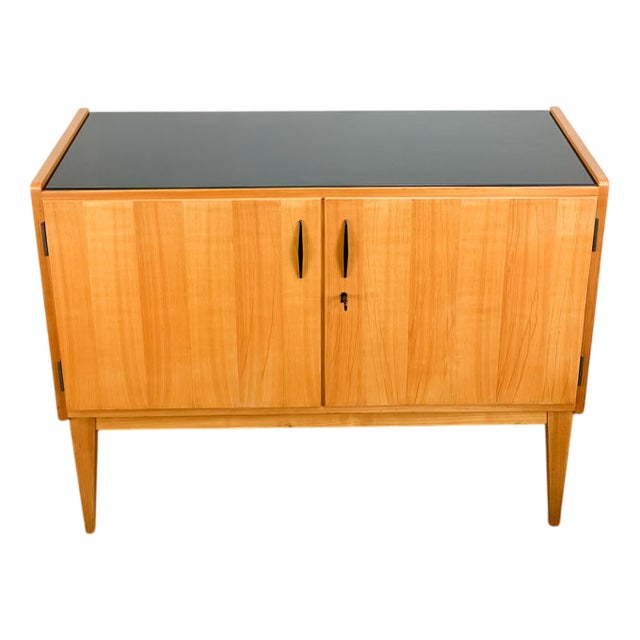 Small Sideboard with Light Veneer with Black Glass Top from Wk Möbel, 1957 For Sale