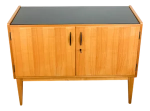 Small Sideboard with Light Veneer with Black Glass Top from Wk Möbel, 1957
